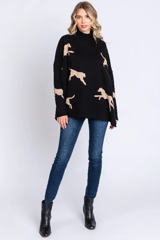 Black Animal Print Side Slit Sweater