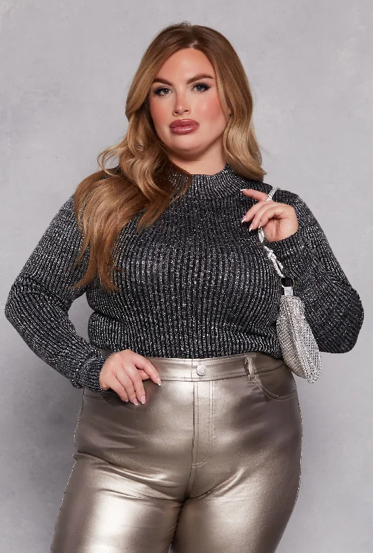 Plus Size Lurex Ribbed Mock Neck Sweater