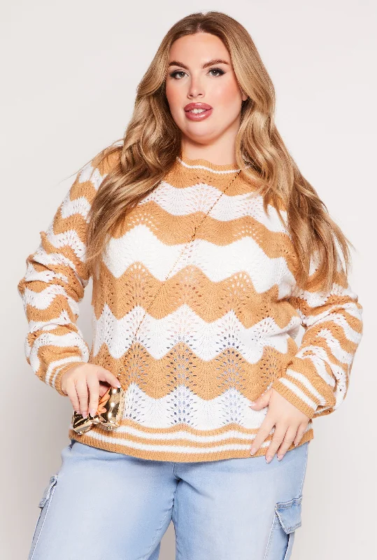 Plus Size Chevron Pointelle Knit Sweater