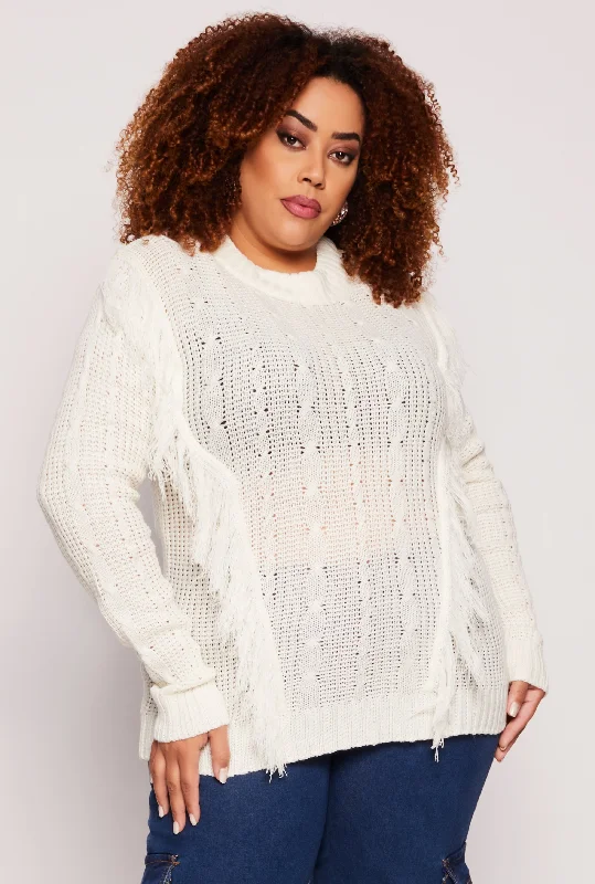 Plus Size Fringe Cable Knit Sweater