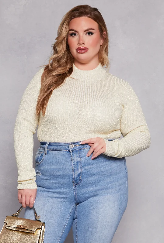 Plus Size Lurex Ribbed Mock Neck Sweater