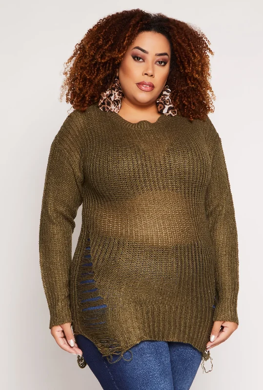 Plus Size Distressed Crew Neck Sweater