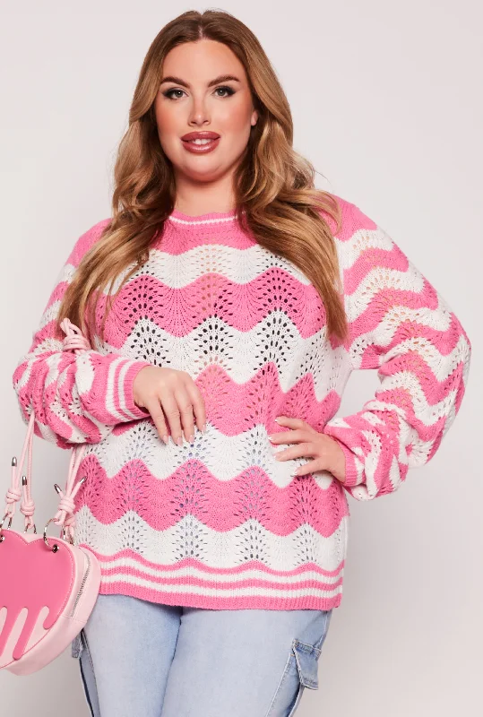 Plus Size Chevron Pointelle Knit Sweater