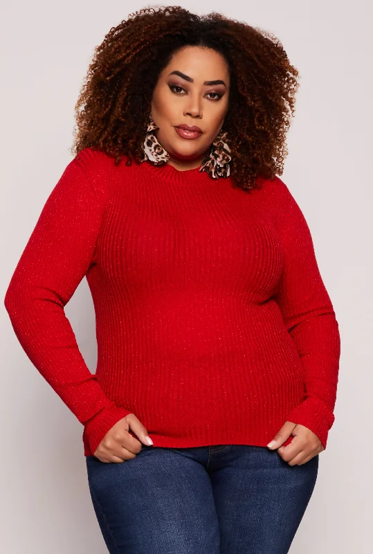 Plus Size Lurex Ribbed Mock Neck Sweater