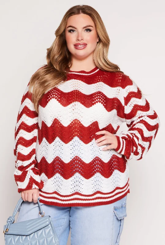 Plus Size Chevron Pointelle Knit Sweater