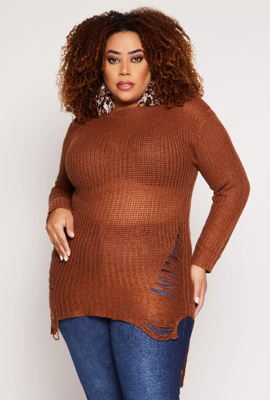 Plus Size Distressed Crew Neck Sweater