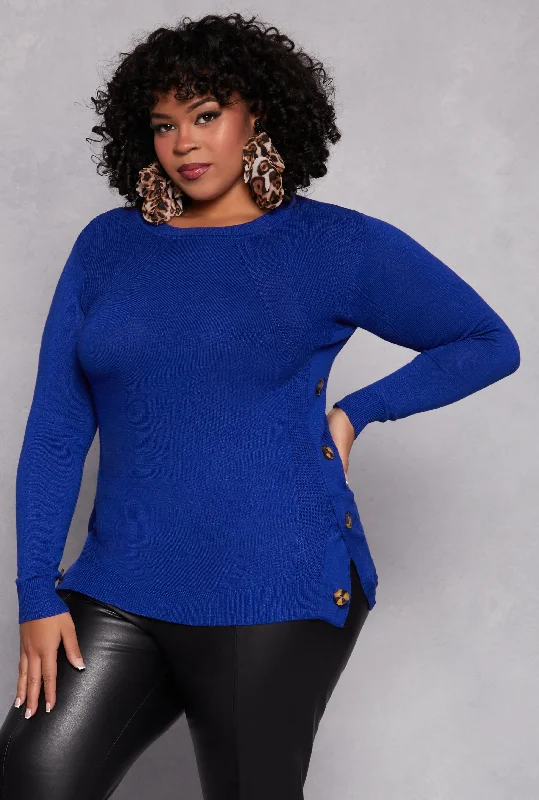 Plus Size Button Side Detail Crew Neck Sweater