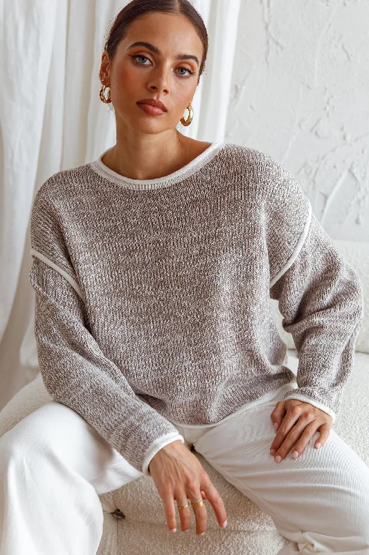 Sitting Pretty Drop Sleeve White Trim Knit Sweater Grey