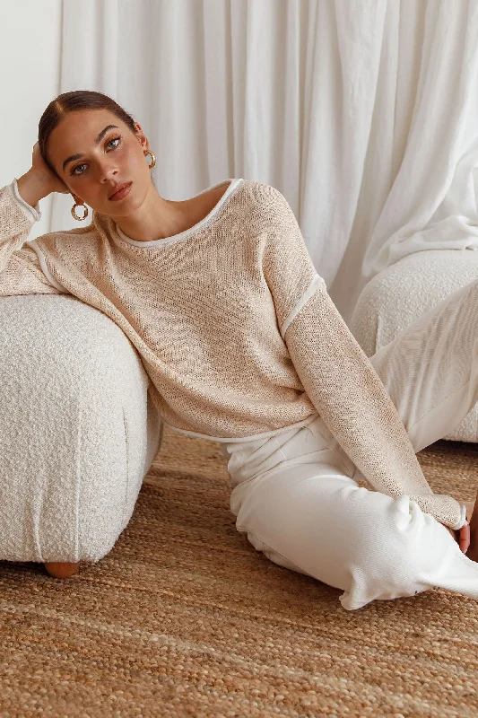 Sitting Pretty Drop Sleeve White Trim Knit Sweater Stone