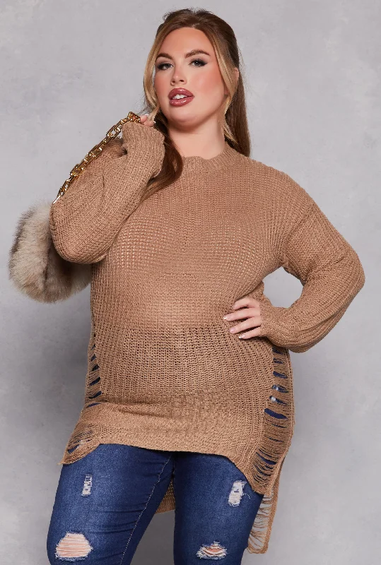 Plus Size Distressed Crew Neck Sweater