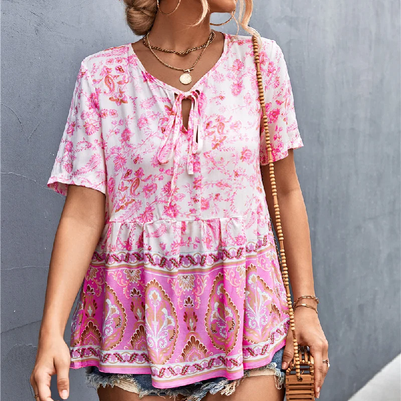 V-Neck Boho Style Print Lace-Up Bohemian Womens Tunic Tops Casual Wholesale T Shirts