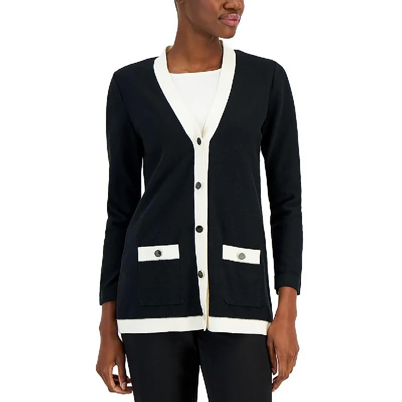 Anne Klein Womens Petites Knit Contrast Cardigan Sweater