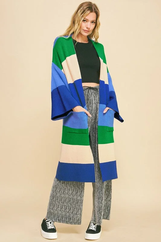 Blue Stripe Color Block Kimono Sleeve Open Front Cardigan