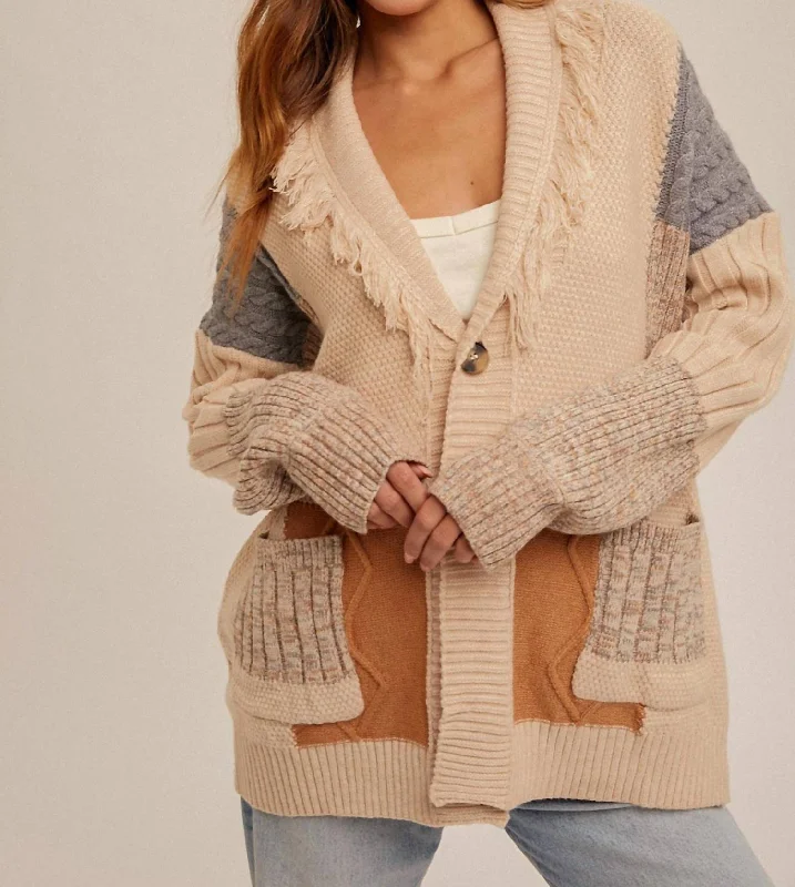 Fringe Colorblock Cardigan In Beige