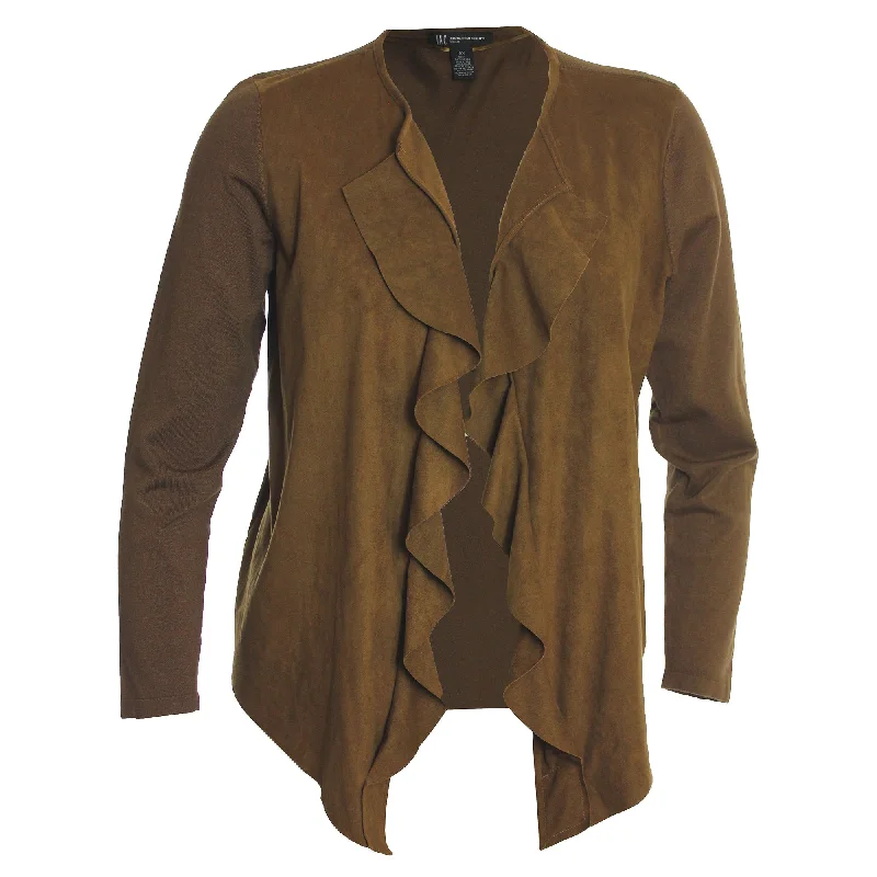 INC Brown or Black Open Front Cascading Ruffle Faux Suede Mixed Media Cardigan Sweater