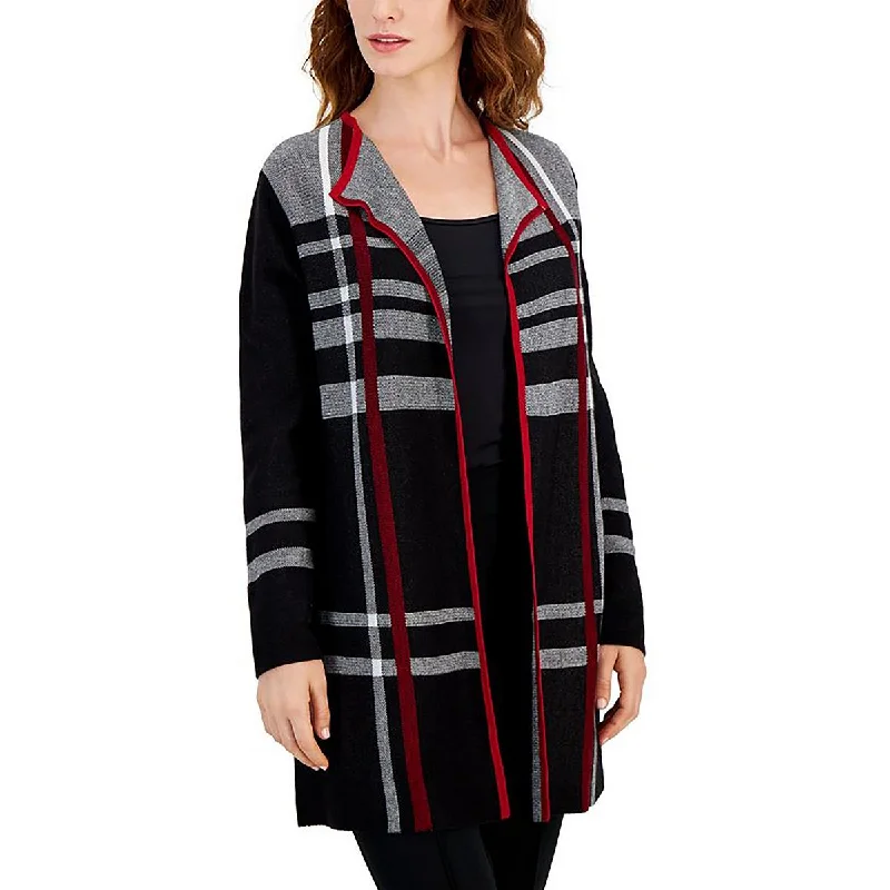 Kasper Womens Petites Plaid Edge to Edge Cardigan Sweater