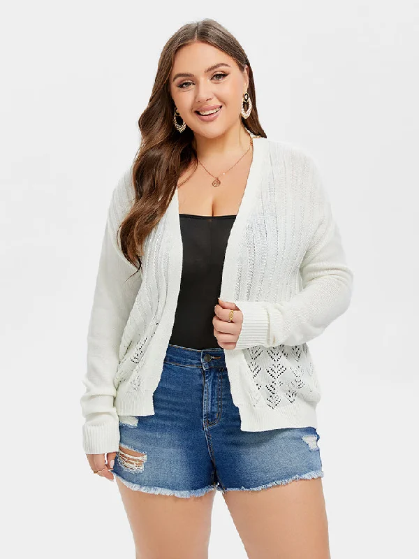 Pointelle Knit Drop Shoulder Open Front Cardigan