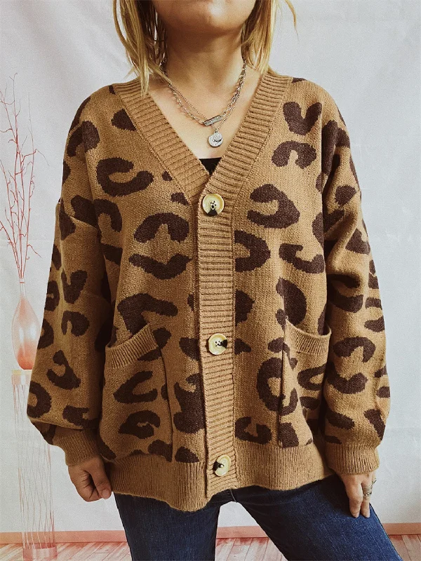 Leopard Button Front Cardigan with Pockets