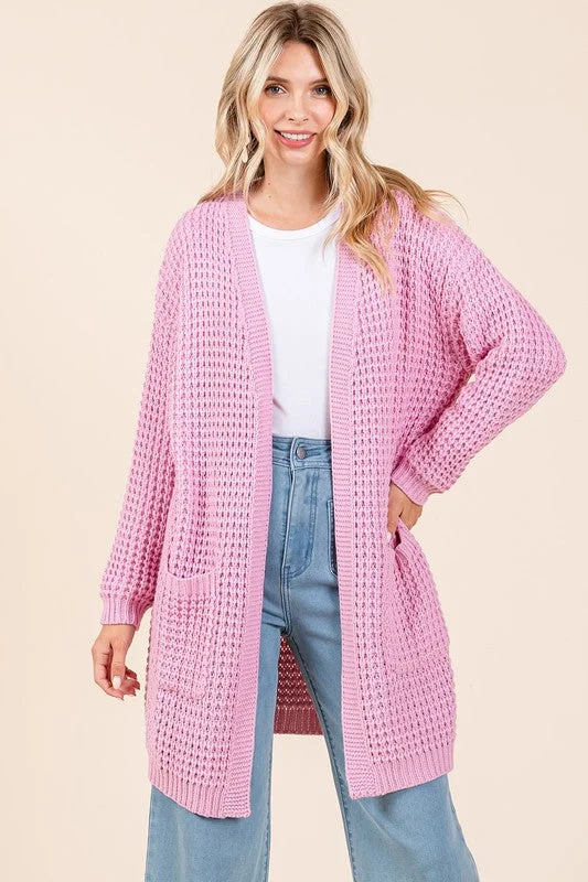 Pink Open Front Long Sleeve Longline Cardigan