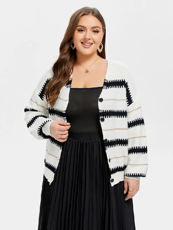 Striped Pattern Button Front Drop Shoulder Cardigan