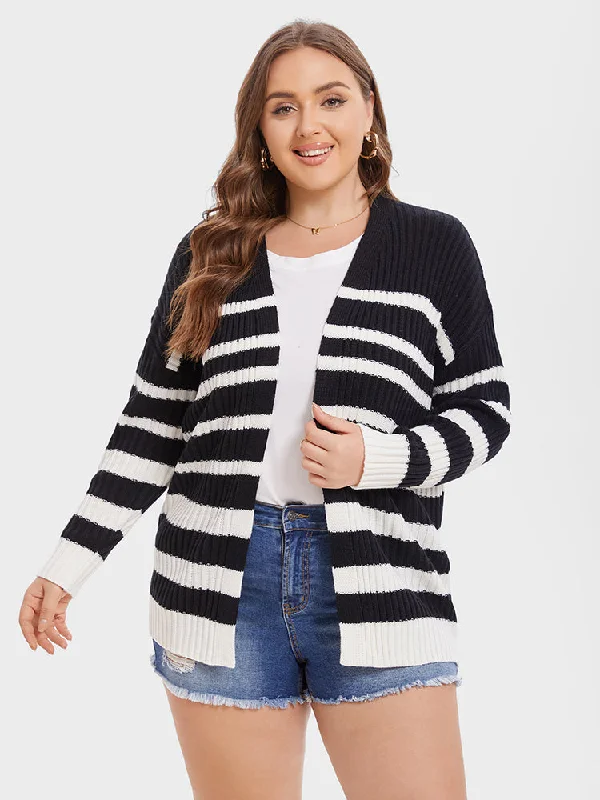 Striped Pattern Drop Shoulder Open Front Cardigan