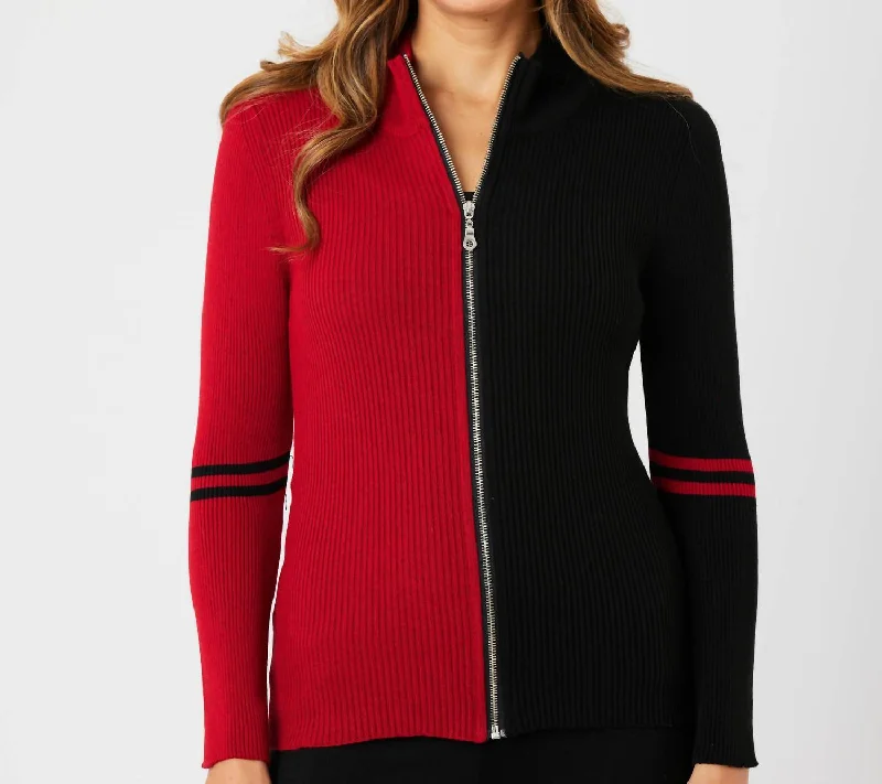 Two Tone Ribbed Zip Up Cardigan In Black/red