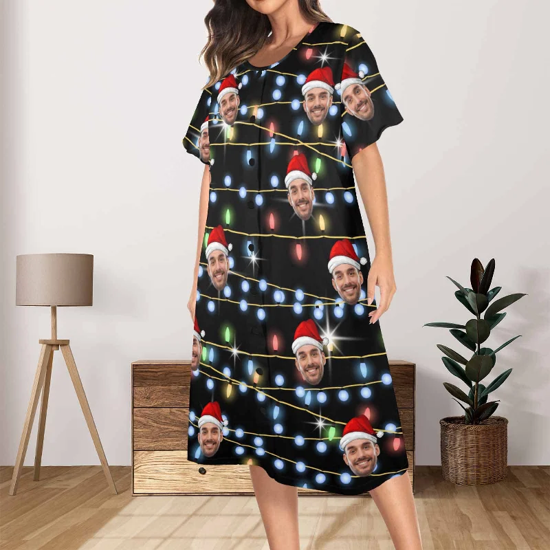 Custom Face Blue Christmas Women's Nightshirt Short Sleeve Button Down Nightgown V-Neck Sleepwear Pajama Dress