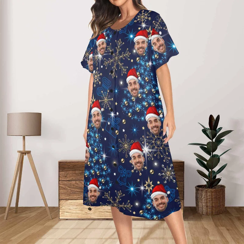 Custom Face Christmas lights Women's Nightshirt Short Button Down Nightgown V-Neck Sleepwear Pajama Dress