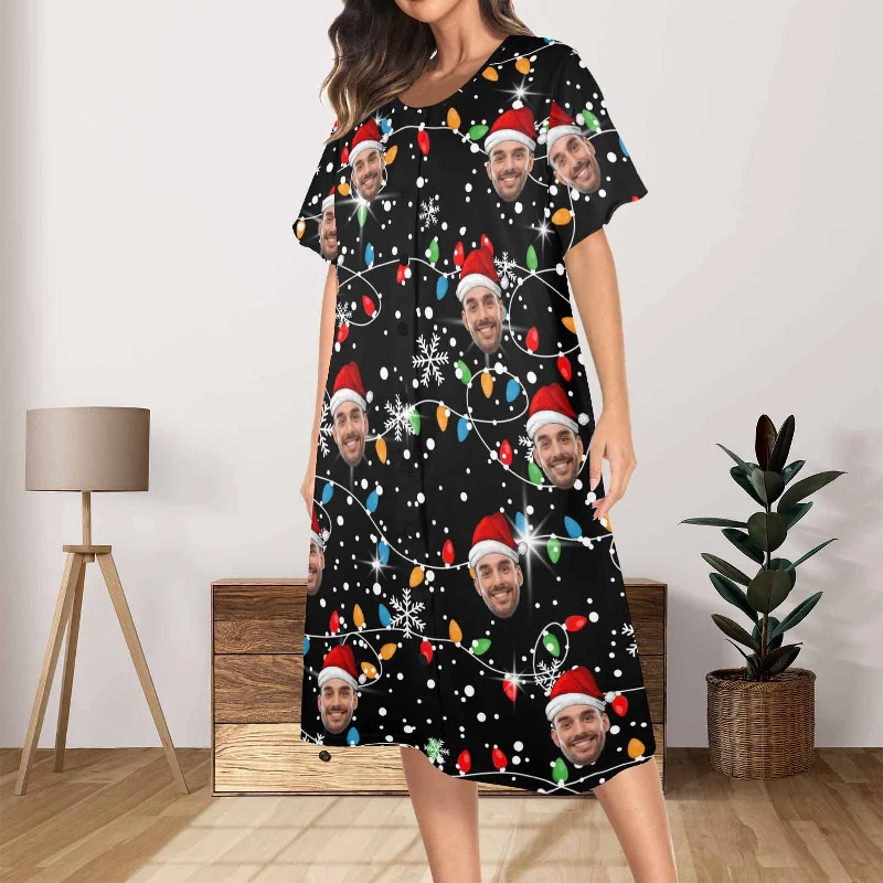 Custom Face Christmas lights Women's Nightshirt Short Sleeve Button Down Nightgown V-Neck Sleepwear Pajama Dress