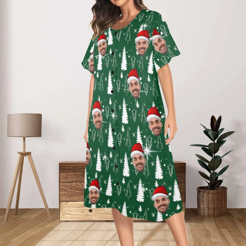 Custom Face Christmas Tree Women's Nightshirt Short Sleeve Button Down Nightgown V-Neck Sleepwear Pajama Dress