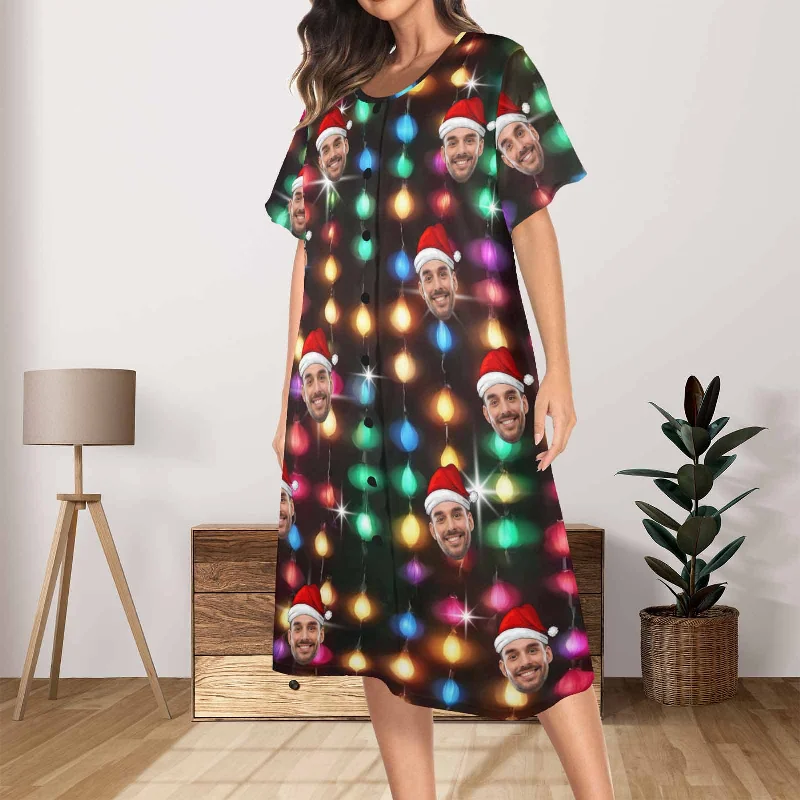 Custom Face Lights Women's Nightshirt Short Sleeve Button Down Nightgown V-Neck Sleepwear Pajama Dress