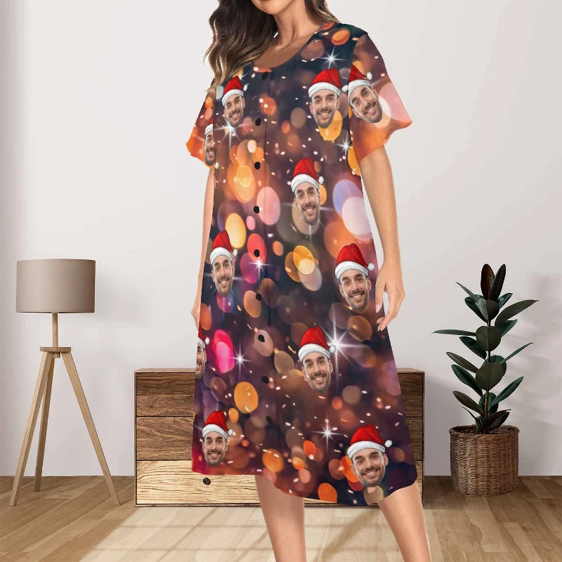 Custom Face Stage Lighting Women's Nightshirt Short Sleeve Button Down Nightgown V-Neck Sleepwear Pajama Dress